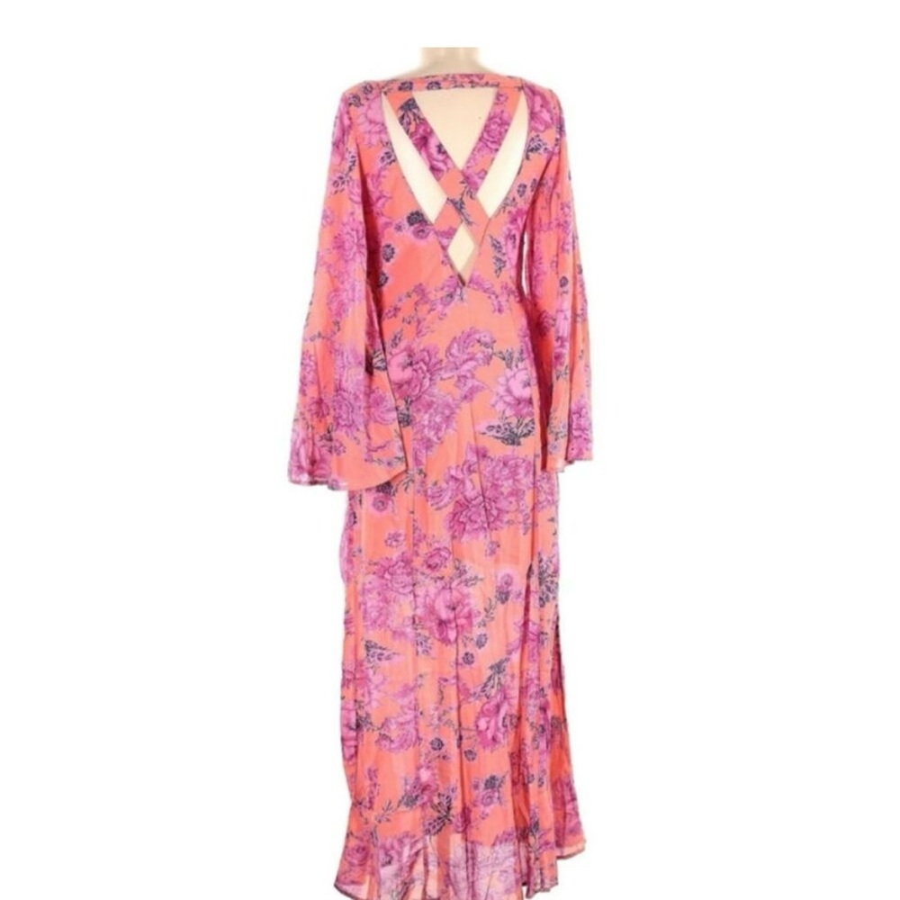 FREE PEOPLE Melrose Floral Open Back Maxi Dress Bell Sleeve Gown Pink 2